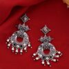 VOYLLA Women's Oxidised Brass Lightly Embellished Black Drop Boho Style Earrings(Free Size)(Silver) - Image 5