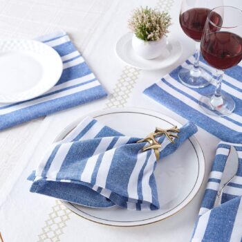 Encasa Table Cloth Napkins Set of 12 with Franca Blue Stripes & Size 17x17 in, Eco-Friendly Cotton, Washable and Reusable for Dinning Table Fall Decoration, Halloween & Christmas Festivals