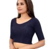 SAGIBO Women Round Neck Dobby Cotton Lycra Stretchable Elbow Sleeve Readymade Saree Blouse For Stylish Plus Size-38-42 Navy Blue - Image 3
