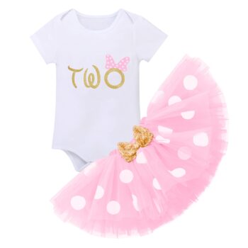 IBTOM CASTLE Cake Smash 1st/2nd Birthday Party Clothing for Newborn Toddler Polka Dots + Sequins Bow Skirt+3D Ear Princess Pageant Christening Baptism Christmas Holiday Tutus Pink Two