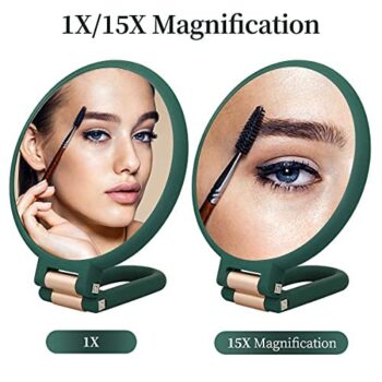 1X 15X Magnifying Hand Held Mirror,Double Side Folding Hand Mirror for Women with Adjustable Handle,Travel Table Desk Shaving Bathroom (Army Green)