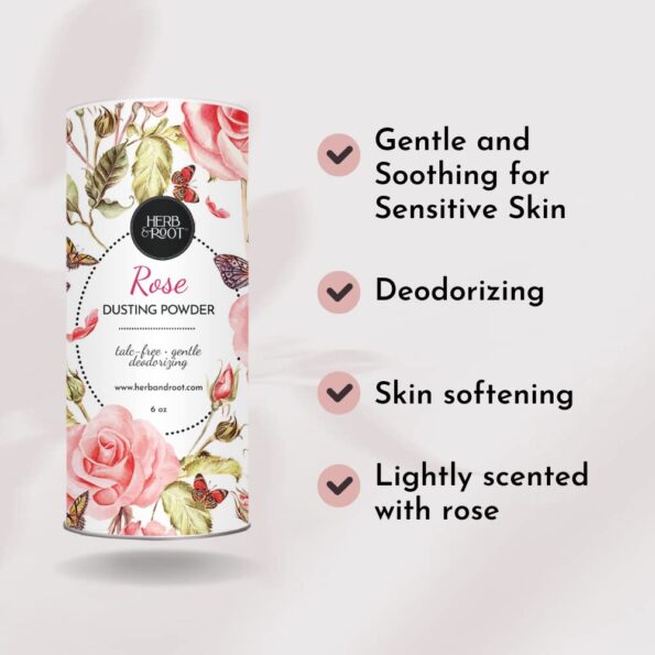 Herb & Root Rose Scented Fragrant Talc-Free Dusting Powder for Women, Feminine Powder, Body Powder, Bath Powder, Anti-Chafing Powder, Baby Powder, 6 oz