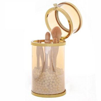 Yesesion Gold Makeup Brush Holder, Vintage Round Glass Cosmetics Brushes Organizer with Dustproof Lid, Large Capacity Storage Box for Vanity, Bathroom, Dresser, Countertop, Desk (Pearls Not Included)