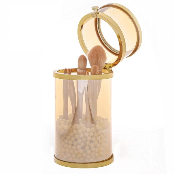 Yesesion Gold Makeup Brush Holder, Vintage Round Glass Cosmetics Brushes Organizer with Dustproof Lid, Large Capacity Storage Box for Vanity, Bathroom, Dresser, Countertop, Desk (Pearls Not Included)
