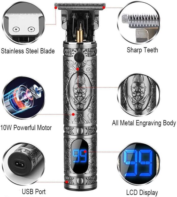 Suttik Hair Trimmer for Men, Professional Hair Clippers for Barber, Beard Trimmer for Men, Cordless Edgers Clippers, Ornate Knight T-Blade Close Cutting Trimmer with LCD, Gray, Gift for Men