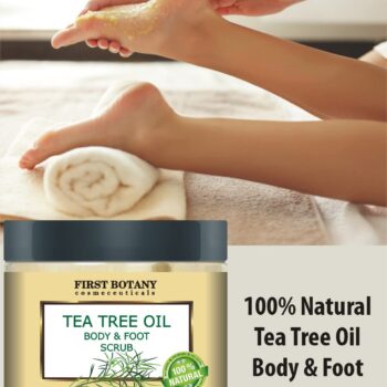 First Botany Cosmeceuticals, 100% Natural Tea Tree Oil Body & Foot Scrub with Salt - Best for Acne, Dandruff and Warts, Helps with Corns, Calluses, Athlete foot, Jock Itch & Body Odor