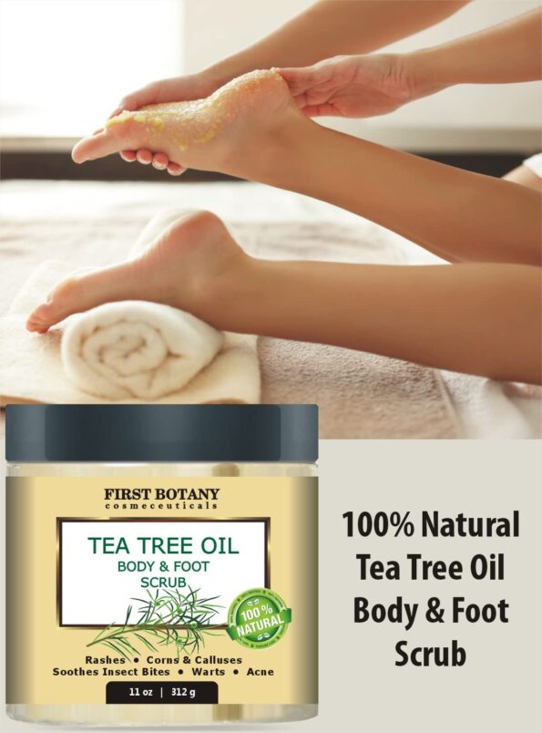 First Botany Cosmeceuticals, 100% Natural Tea Tree Oil Body & Foot Scrub with Salt - Best for Acne, Dandruff and Warts, Helps with Corns, Calluses, Athlete foot, Jock Itch & Body Odor