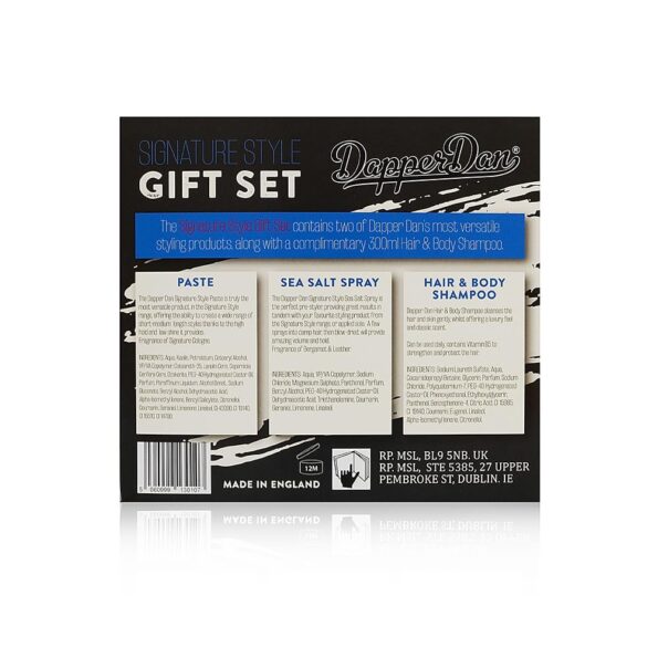 Dapper Dan Signature Style Gift Set, Includes High Hold and Low Shine Signature Style Paste 100ml, Texturizing Signature Style Sea Salt Spray 200ml and Hair and Body Shampoo with Vitamin B5 300ml