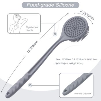 Manmihealth Silicone Back Scrubber(Thin Bristles) & Soft Bath Glove Set, Super-Cleaning Body Scrubber & Super-Lathering Shower Brush Combination, with a Free Hook. (Gray)