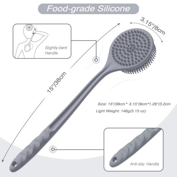 Manmihealth Silicone Back Scrubber(Thin Bristles) & Soft Bath Glove Set, Super-Cleaning Body Scrubber & Super-Lathering Shower Brush Combination, with a Free Hook. (Gray)
