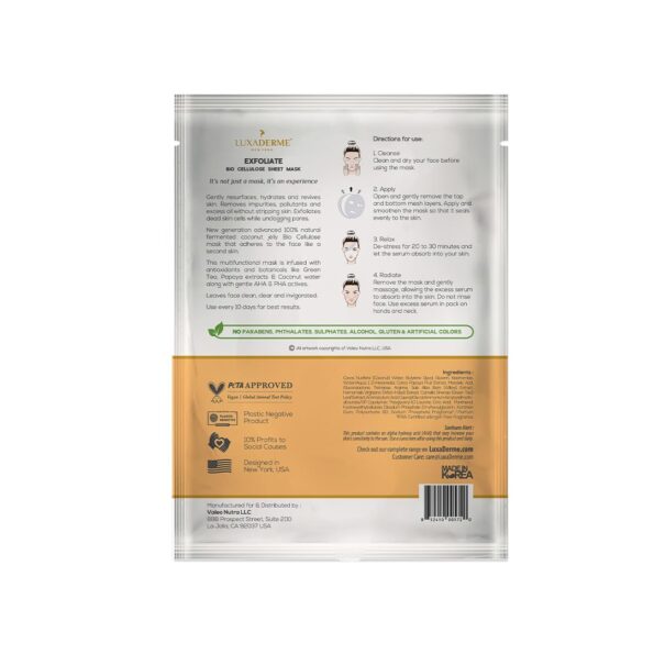 LuxaDerme Exfoliate Bio Cellulose Face Sheet Mask with Green Tea & Papaya Serum | Exfoliates dead skin cells, resurfaces & moisturizes skin | All skin types. 100% Fermented Coconut Jelly. (Pack of 2)
