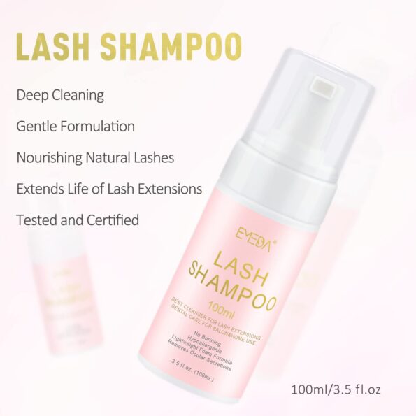 EMEDA Lash Shampoo for Extensions - 100ml Gentle Foam Lash Cleanser, Oil-Free Cleaner for Wash Eyelash Bath with Rinse Bottle Brush