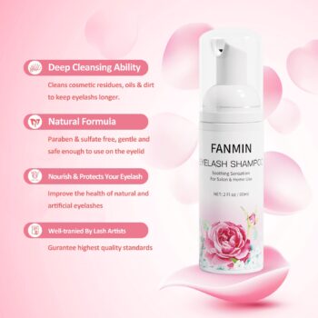 Eyelash Extension Cleanser 60ml +2 Brushes+ Rinse Bottle Eyelid Foaming Cleanser,Eyelash Wash and Lash Bath for Extensions,Paraben & Sulfate Free,Makeup Remover,Salon and Home use