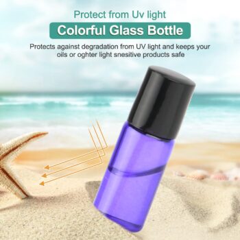 Pack of 50,3ml Glass Roll on Bottle Mixed Color Sample Test Roller Essential Oil Bottles glass vials With Stainless Steel Roller Balls,Black Plastic Cap For Travel Aromatherapy,Perfume Oils