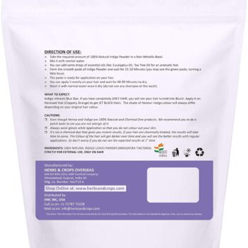Herbs And Crops 100% Pure Natural Indigo Powder- For HAIR (227g / (1/2 lb) / 8 ounces)- For Brown to Black Hair