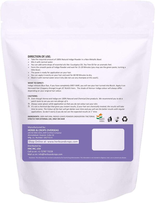 Herbs And Crops 100% Pure Natural Indigo Powder- For HAIR (227g / (1/2 lb) / 8 ounces)- For Brown to Black Hair