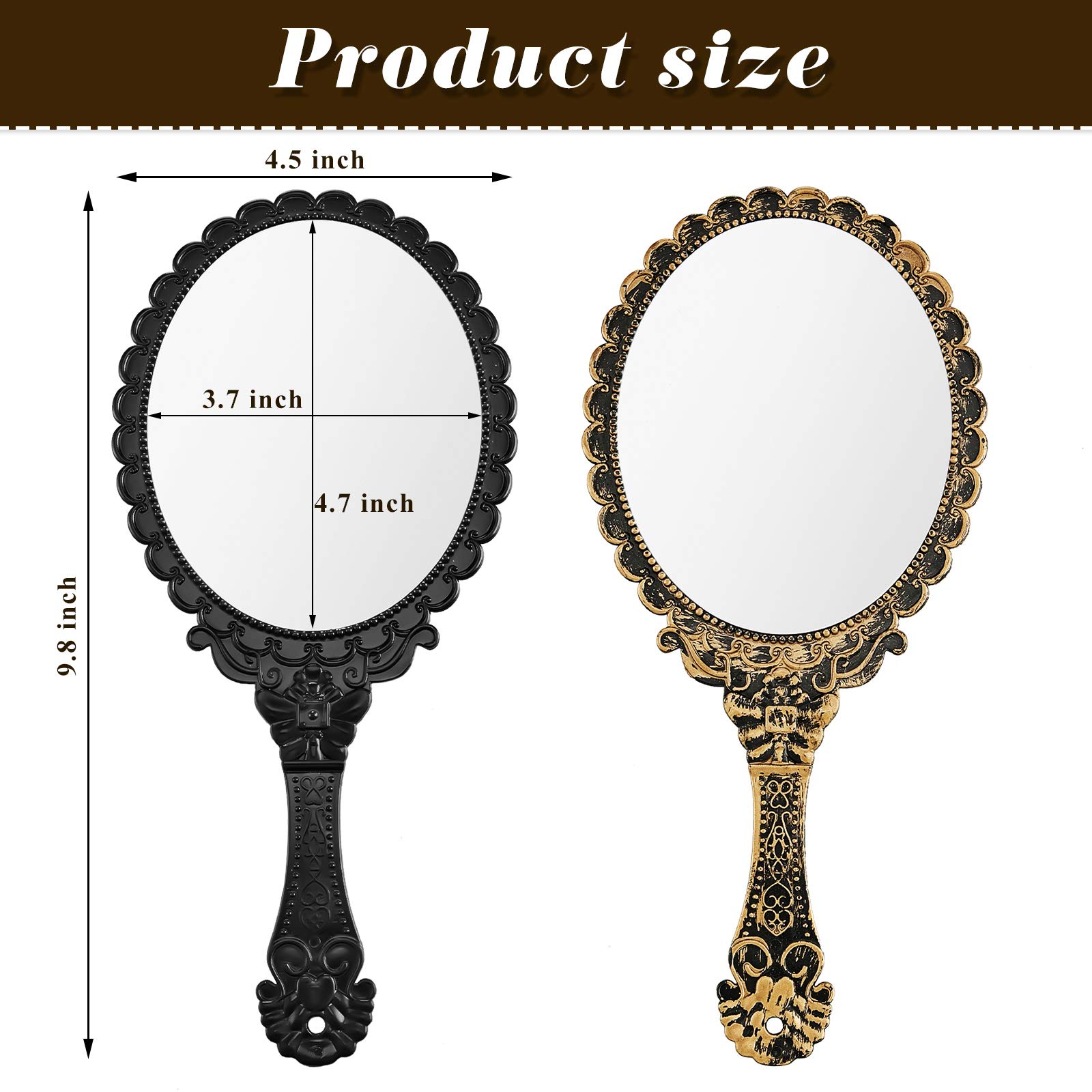 Jetec Vintage Handheld Mirrors, 2 Pieces, Black, Bronze, Oval Shaped, Portable, Compact, with Handle, Ideal for Makeup, Hair Styling, Skin Care, Hanging as Decor