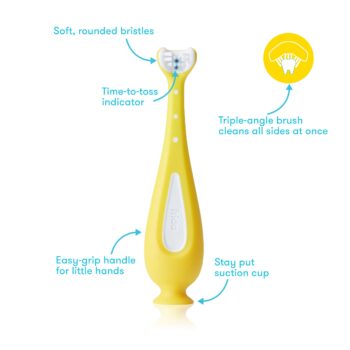 Frida Baby Training Toothbrush | Toddler Toothbrush for 18-24 Months, Easy-Grip Handle, Triple Angle Bristles, Soft Toothbrush Bristles, Stay-Put Suction Cup | Yellow