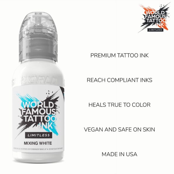 World Famous Tattoo Ink Limitless - Mixing White Tattoo Ink - Professional Tattoo Ink & Tattoo Supplies - Skin-Safe Permanent Tattooing in Bold Shades - Vegan & Non-Toxic (1 oz)