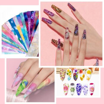 MIZHSE Nail Foil Glue Transfer Gel 18ml, with Flowers Leopard Marble Pattern Foil Sticker 40 Pcs and Push Pen Home DIY Nail Art Manicure Set