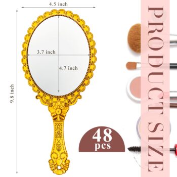 Qunclay 48 Pcs Vintage Handheld Mirror Embossed Mirror Portable Cute Hand Mirror Princess Mirror with Handle Small Compact Travel Mirror Makeup Mirror for Kids Girls Princess Party Favors (Gold)