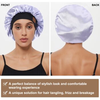 Hat Hut Satin Bonnet Silk Bonnet Sleep Cap for Women Hair Bonnet for Curly Natural Hair Sleeping Adjustable Wide Band Double Layer (ASH Blue)