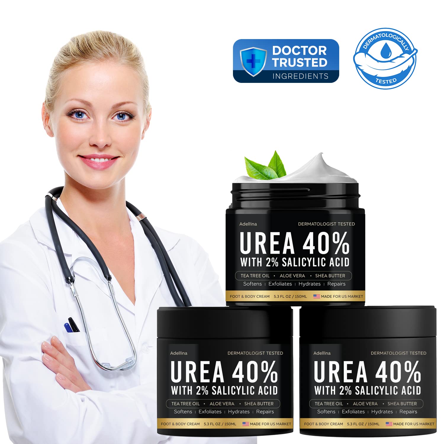 Adellina Urea Cream 40 Percent for Feet, Urea Foot Cream for Dry Cracked Heels Feet Knees Elbows, 40% Urea Foot Repair Lotion with 2% Salicylic Acid, Shea Butter, Tea Tree Oil, Aloe Vera, 5.3 OZ