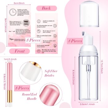 8 Pcs Lash Shampoo Brushes Set 8 Eyelash Aftercare Bag 8 Disposable Mascara Brushes Tubes 8 Foam Pump Bottle 8 Extension Aftercare Instructions Cards Eyelash Makeup Accessories (Clear Bag, PVC)