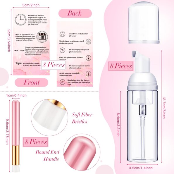 8 Pcs Lash Shampoo Brushes Set 8 Eyelash Aftercare Bag 8 Disposable Mascara Brushes Tubes 8 Foam Pump Bottle 8 Extension Aftercare Instructions Cards Eyelash Makeup Accessories (Clear Bag, PVC)