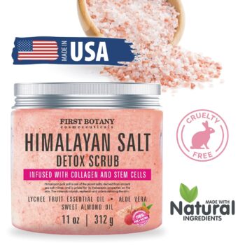 First Botany, Himalayan Salt Body Scrub with Collagen & Stem Cells, Natural Exfoliating Salt Scrub Body & Face Souffle helps with Moisturizing Skin, Acne, Cellulite, Dead Skin Scars, Wrinkles, 11 oz