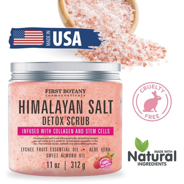 First Botany, Himalayan Salt Body Scrub with Collagen & Stem Cells, Natural Exfoliating Salt Scrub Body & Face Souffle helps with Moisturizing Skin, Acne, Cellulite, Dead Skin Scars, Wrinkles, 11 oz