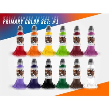 World Famous Tattoo Ink - 12 Primary Color Tattoo Kit #1 - Professional Tattoo Ink in Color Assortment, Includes White Tattoo Ink - Skin-Safe Permanent Tattooing - Vegan & Non-Toxic (1 oz Each)