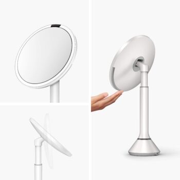 simplehumanTabletop Mount 8" Round Sensor Makeup Mirror with Touch-Control Dual Light Settings, 5X Magnification, Rechargeable and Cordless, White Stainless Steel