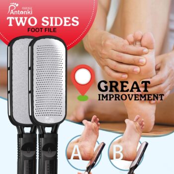 Antonki Foot File for Dead Skin, Callus Remover for Feet, Metal Foot Scrubber for Cracked Heel, Professional Colossal Foot Rasp Pedicure Tool to Remove Hard Skin - 2 in 1 Double Sided Foot File -Black