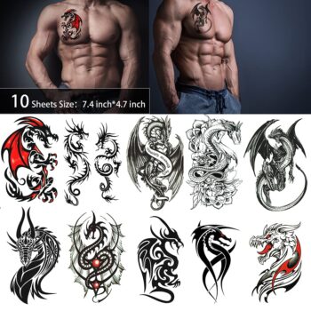 50 Sheets Dragon Temporary Tattoos for Men Women Adults Fake Tattoos Large Tribal Stickers Black Realistic Sleeve Art Tattoo