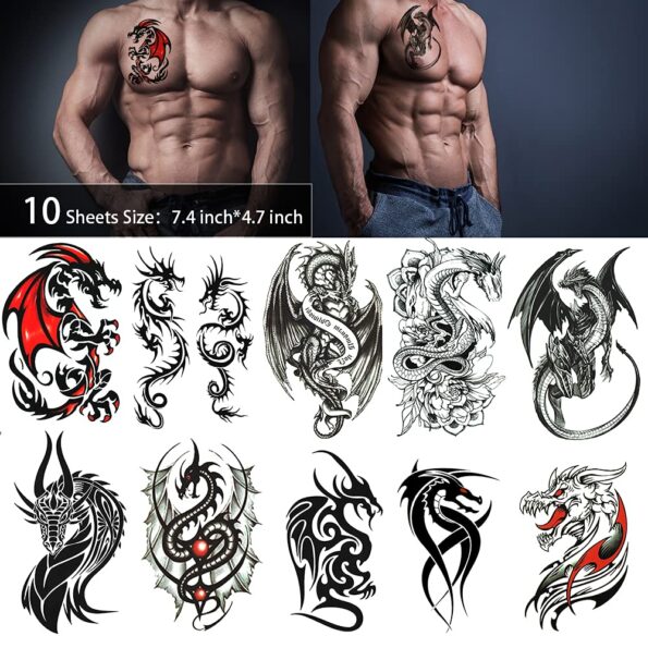 50 Sheets Dragon Temporary Tattoos for Men Women Adults Fake Tattoos Large Tribal Stickers Black Realistic Sleeve Art Tattoo