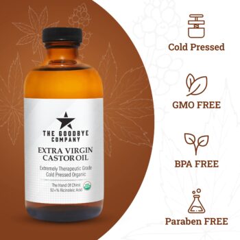 Castor Oil USDA Certified Organic Glass Bottle Pure Cold-Pressed - (250 mL) 100% Natural Virgin Castor Oil Unrefined Moisturizing for Skin Hair Growth Product for Eyelashes Food Grade Hexane & BPA Free (8.5 Ounces)