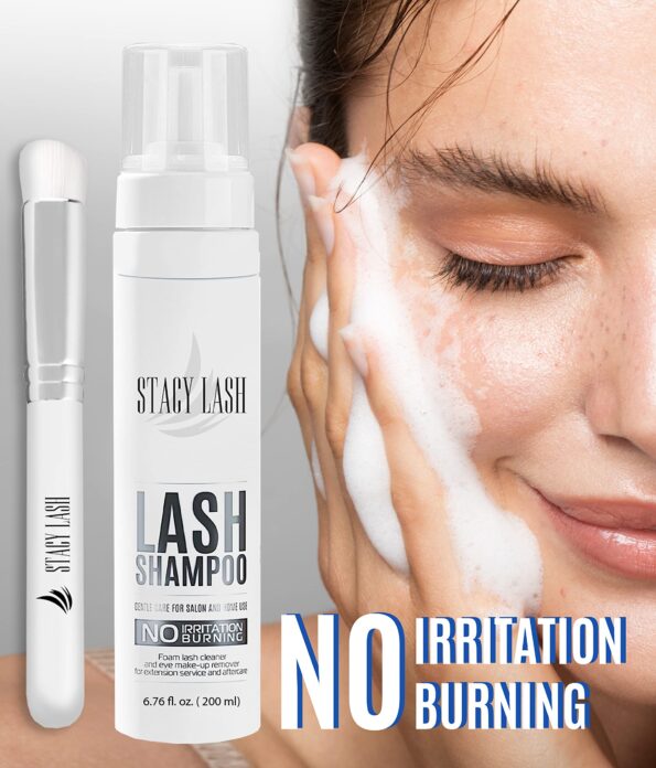 STACY LASH 6.76 fl.oz / 200ml BIG Eyelash Extension Shampoo Brush/Eyelid Foaming Cleanser/Wash for Extensions & Natural Lashes/Free Safe Makeup Remover/Supplies for Professional & Home Use