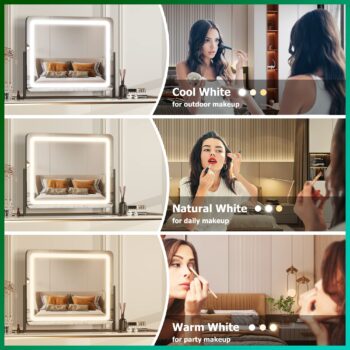 Hasipu Vanity Mirror with Lights, 24.2" x 18.9" LED Makeup Mirror, Light up Mirror with 10X Magnification and USB Charging Port, Phone Holder, Smart Touch 3 Colors Dimmable, 360° Rotation (Black)