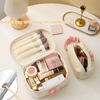 TrueLux Cute Corduroy Makeup Bag Set of 2(Cream),Quilted Travel Cosmetic Organizer Bag with Tulips, Velvet Toiletry Bag with Portable Makeup Pouch for Women Girls