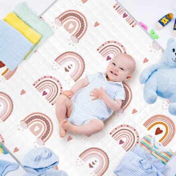 Boho Rainbow Portable Baby Play Mat, 43 x 43 Inch Washable Foldable Crawling Mat, Non Slip Playmat for Babies, Kids Play Mats Pad for Floor Playpen Toddler Infants Tummy Time Activity