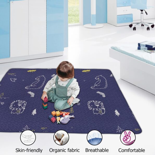 Portable Baby Play Mat Machine Washable, Foldable Crawling Mat for Floor 43x43” Baby Playpen Soft Non Slip Non-Toxic Playmats for Infants, Kids Tent Mat Square, Dark blue