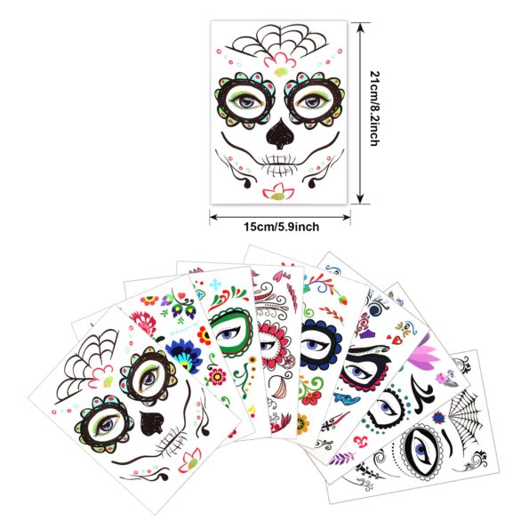 Halloween Temporary Face Tattoos (8Pack), Konsait Day of the Dead Sugar Skull Floral Black Skeleton Web Red Roses Full Face Mask Tattoo for Women Men Adult Kids Boys Halloween Party Favor Supplies