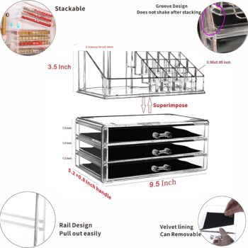 Cq acrylic Makeup Organizer Skin Care Large Clear Cosmetic Display Cases Stackable Storage Box With 3 Drawers For Vanity,Set of 2