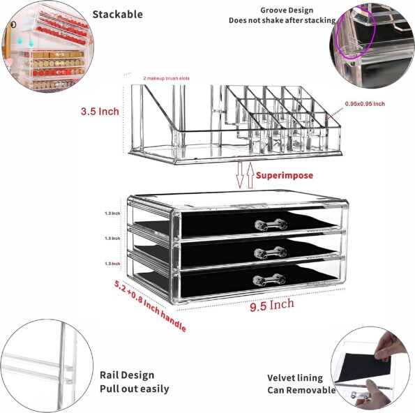 Cq acrylic Makeup Organizer Skin Care Large Clear Cosmetic Display Cases Stackable Storage Box With 3 Drawers For Vanity,Set of 2