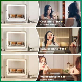 Hasipu Vanity Mirror with Lights, 24.2" x 18.9" LED Makeup Mirror, Light up Mirror with 10X Magnification and USB Charging Port, Phone Holder, Smart Touch 3 Colors Dimmable, 360° Rotation (White)