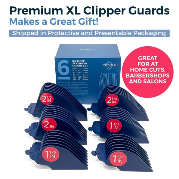 Clipquik Premium XL Clipper Guards, Strong & Sturdy 2.5 inch, 2.25", 2", 1.75", 1.5", 1.25" (#20, 18, 16, 14, 12, 10) Extra Long, Large Guide Comb Set Fits Most Wahl Full Size Hair Clippers