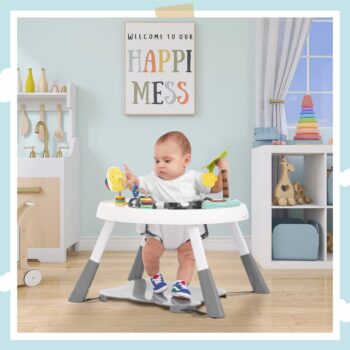 Dream On Me Curio Sit N Seek Baby Activity Center in Grey, 2 in 1 Activity Center and Play Table with 3 Detachable Toys and Music, 3 Level Height Adjustable Positions Activity Center for Baby