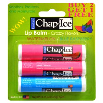 Chap-Ice SPF 4 Premium Lip Balm, Crazy Flavors (Watermelon & Blue Raspberry), 3 pack