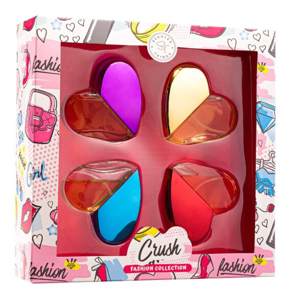 SCENTED THINGS Crush Body Spray Girl Perfume Set | Little Girls to Teen Girl Gifts, Girl Birthday Gift, Body Mist Perfume Set in Heart Shaped Bottles | Fashion Collection (4 Piece Set)